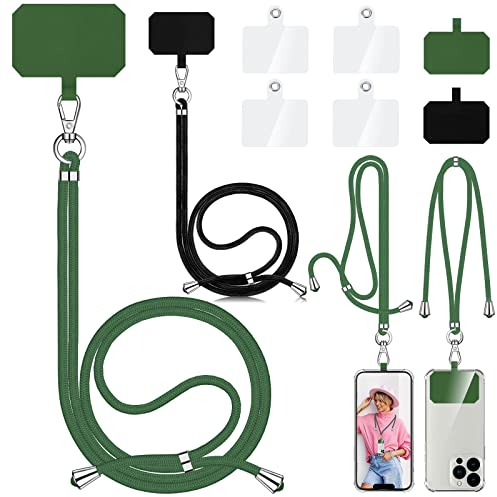 Aulese 2 Stück Handykette Universal, Unisex Einstellbares Handyband zum Umhängen, Handyschnur Schlüsselband mit 6 Pad Kompatibel mit Alle Smartphone, Handyhülle Kette Lanyard (Schwarz + Olivgrün)