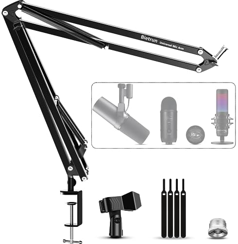 Bietrun Microphone Arm Desk Mount, Upgrade Thick Arm＆Strong Pull Metal Scissor Desk Boom Arm for Blue Yeti/Wave/Snowball/Quadcast/Shure SM7B/SM58/MV7, with 3/8 Plug, 3/8 to 5/8 Adapter, Mic Clip