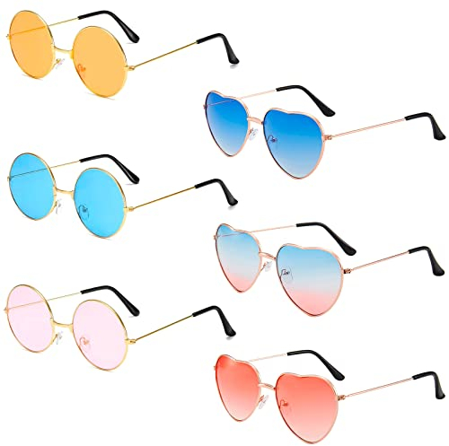 ENAIAH 6 Paar Hippie Brille, Sonnenbrille Rund Herz Sonnenbrille Retro Kostüm Brille Hippie Sonnenbrillen Partybrille, Für 70er 80er 90er Party Kostümzubehör Karneval Tanz Themenparty