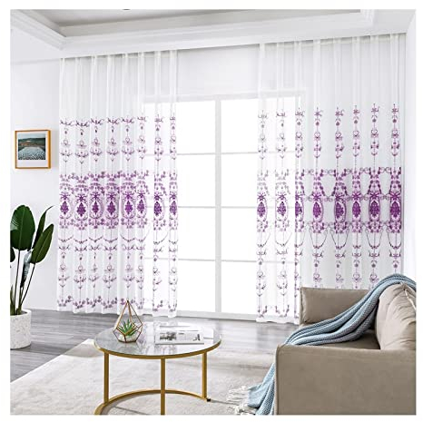 Aotiwe Curtains Transparent, Schlaufenschal Lila Vintage Muster Baumwolle Leinen Polyester 2 Stücke 132X244cm