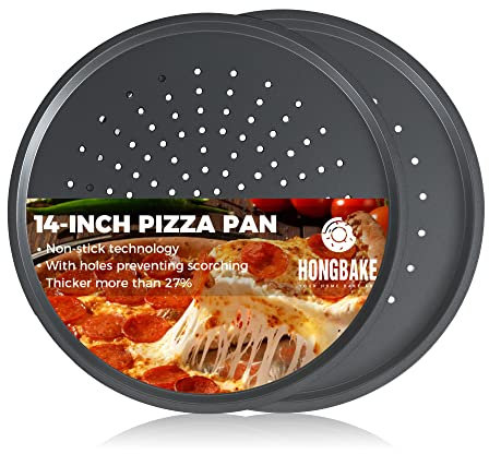 HONGBAKE 14 Inch Pizza Pan with Holes, 2 Pack Non-Stick Pizza Pan for Oven, Carbon Steel Perforated Pizza Tray, Crispy Pizza Set, Round Baking Sheet for Frozen & Homemade Pizza, Grey