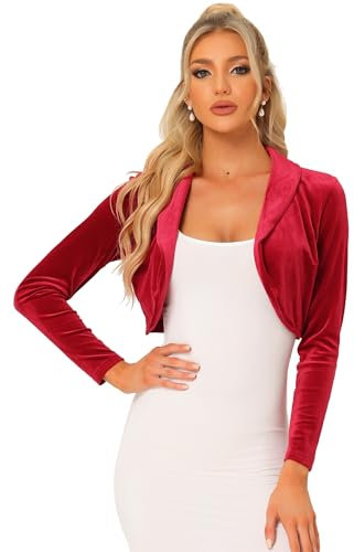 Allegra K Long Sleeve Shrug Top for Women's Lapel Collar Velvet Christmas Open Front Cropped Cardigan Red S