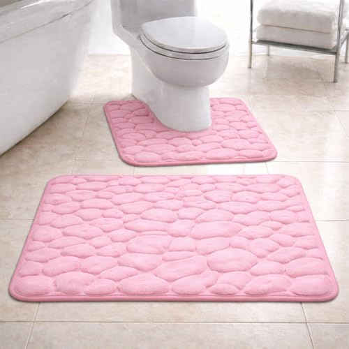 PARADISE STAR Pebble Memory Foam Bath Mat Set – Soft Absorbent Non Slip Bathroom Rugs with Pedestal Mat, Quick Dry Easy Clean Bathroom Floor Mats, Machine Washable Bath Mat Set