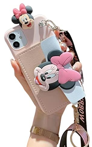 Threesee Schutzhülle für iPhone 15, Motiv: Minnie-Maus, niedlicher Cartoon-Kartenhalter, Tasche, schräg, weiches TPU, für Damen, Mädchen, Kinder, Schutzhülle für iPhone 15, 15,5 cm (6,1 Zoll)