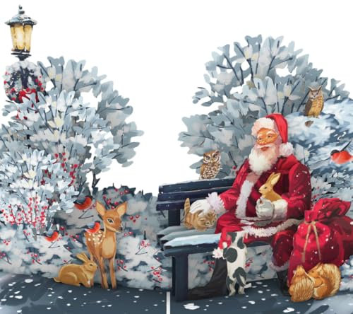 Pop-Up-Karte mit weihnachtlichen Rentieren im Wald, bezaubernde 3D-Winterwaldszene für warme festliche Grüße