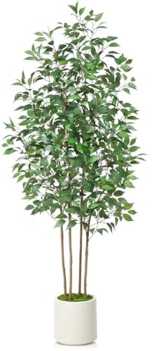 SOGUYI Künstliche Pflanzen Ficus, 210cm Künstliche Groß Seidenpflanze für Heimdekoration im Innenbereich, Kunstpflanzen in weißem Pflanzgefäß mit Kunstmoos für Heimbüro-Ecken-Innendekoration, 1er-Set