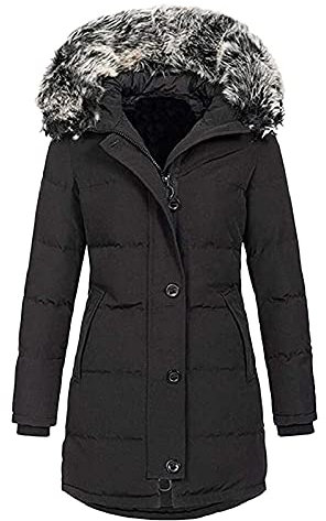 Damenmantel, warm, Wintermantel, mit Kapuze, Reißverschluss, modisch, Kordel, Jacke, dünn, warm, gefüttert, für Damen, Wintermantel, falsch, Schwarz , 48
