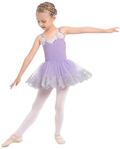 Odizli Ballettkleidung Mädchen Kinder Spaghetti V-Ausschnitt Pailletten Blume Ballettkleid Tanzbody Turnanzug Tüllkleid Tutu Tanzkleid Gymnastikanzug Ballettanzug Ballerina Kleid Lila 11-12 Jahre