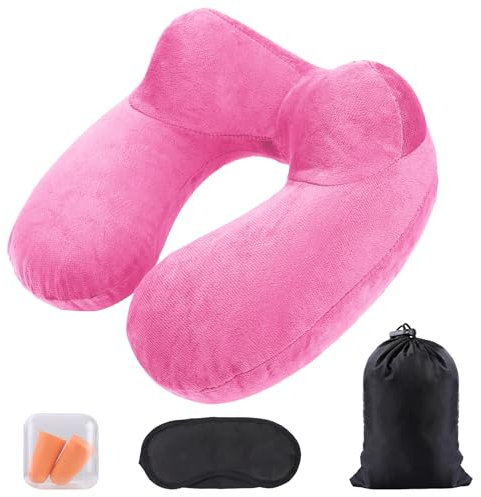 AiQInu Gonflable,Compact Coussin de Voyage avec Taie d'oreiller Lavable, avec Masque pour Dormir+ Bouchons d’Oreilles + Sac Transport,pour Avion et Train