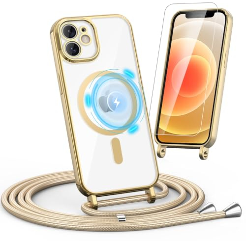 Noyabox HandyKette für iPhone 12/12 Pro Hülle mit Band, 1* Schutzfolie Magnetische Handyhülle für iPhone 12/12 Pro Necklace Schnur Schutzhülle mit Kordel zum Umhängen Case, Golden