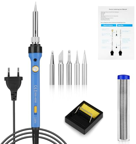 Flintronic Soldadores de Estaño, 60W Kit 8 en 1 Soldador Profesional, con Temperatura Ajustable 200℃- 480℃, 5pcs Puntas, Soporte, esponja, Alambre de Soldadura