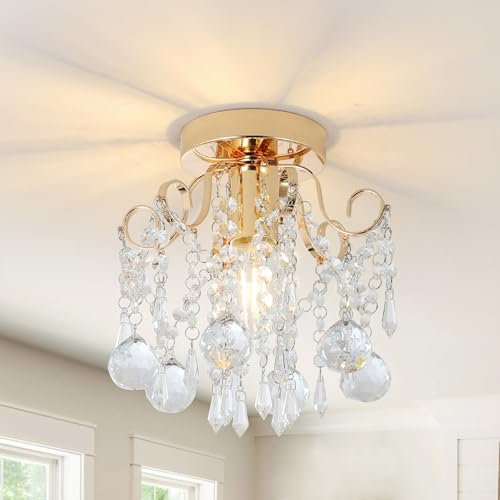 Rayofly Ceiling Lights Living Room, Modern Crystal Chandeliers Ceiling Light, Gold Flush Ceiling Light with Glass Beads, K9 Crystal Ceiling Lights for Bedroom, Dining Room, Hallway Lights Ceiling