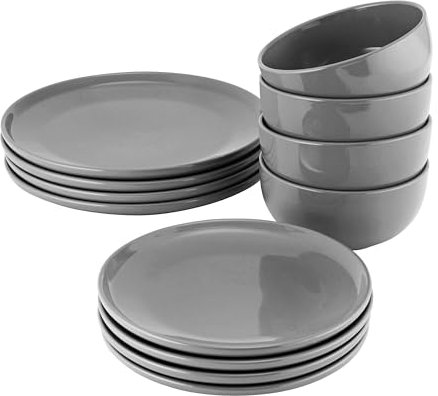 ProCook Stockholm Charcoal Grey Dinner Set Stoneware Scandinavian Style Flat Base Dishwasher, Microwave & Oven Safe Dinnerware 12 Piece, 15.5 x 21 x 27 cm