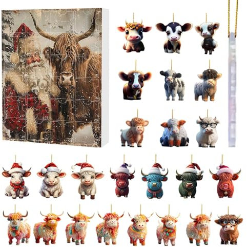 Highland Cow Adventskalender 2024 | Kühe Anhänger Weihnachtskalender 2024 | 24 Stück 2D Kuh Ornament Christmas Vacations Adventskalender | Schöne Bescherung Adventskalender 2024 Kinder Erwachsene