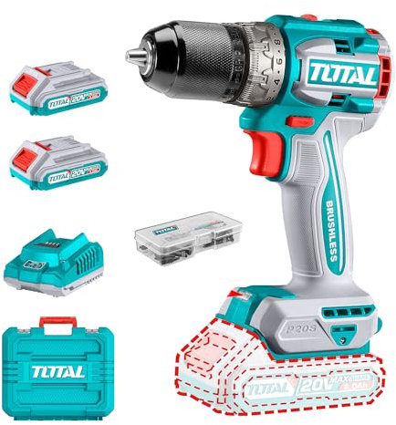 TOTAL - Taladro Atornillador Brushless 20V | 60 Nm | Modelo TDLI20602E | Incluye 2 Baterías, Cargador y 47 Accesorios