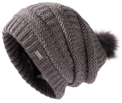 TOP-EX Slouchy Beanie Mütze Damen Winter 100% Wolle mit Fellbommel - Warme Fleecefutter, Winddicht & Outdoor-tauglich - Grau