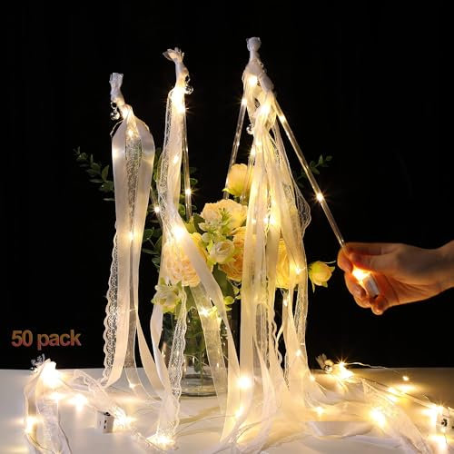 Wedding Wands mit LED Warmweiße Glowstick,Leuchtstäbe Set für Hochzeitsdeko Zauberstäbe Hochzeitsbändern Seidenfeenstab Luftschlangen mit Glocke fur Hochzeiten Geburtstage Weihnachten (white50)