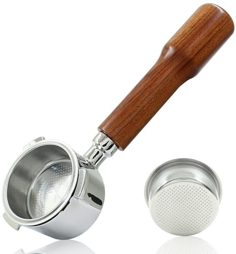 Moicstiy 51mm Siebträger Bodenlos 3 Ohren Edelstahl Siebträger mit Filterkorb (Holzgriff)