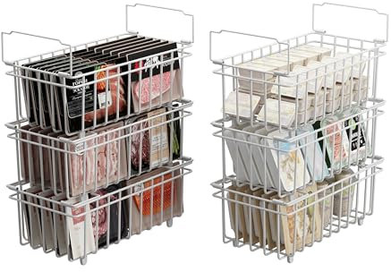 UMDONX 6 Pack Chest Freezer Organiser Baskets - Stackable Kitchen Storage Boxes for 198L Deep with Fold down Handle, Wire Open Bins Frozen Goods Sort, Durable Metal White