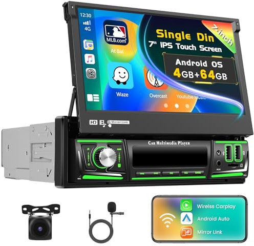 Inefala 4G+64G Android 15 Radio de Coche 1 DIN con CarPlay Inalámbrico Android Auto, Autoradio Bluetooth con Pantalla Retráctil de 7 Pulgadas WiFi GPS FM/RDS USB SWC Mic Cámara Marcha Atrás