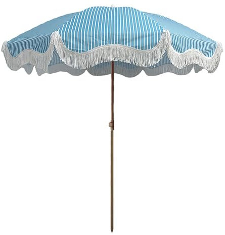 HCBUTAE Geneigter Regenschirm Camping Sonnenschirm, Blau, Rund, 6.5ft, Tragbarer Taschenschirm Mit Weißen Quasten, Sonnenschutz Outdoor Gartenschirm Terrassenschirm