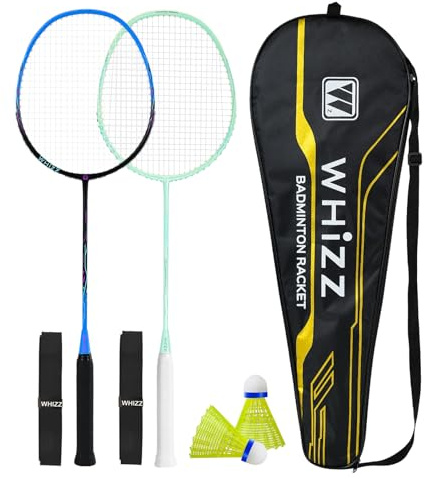BAIHUALIN WHiZZ T80 Carbon Graphit Badmintonschläger Set, Leichter Badmintonschläger 2 Spieler + Tragetasche + Griffband + Federball, Schwarz+Grün