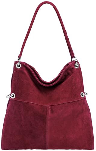 Caspar Große Vintage Leder Schultertasche Damen Handtasche aus weichem Wildleder - PREMIUM LINE - Modell No.805 - Made in Italy, Farbe:weinrot, Größe:One Size
