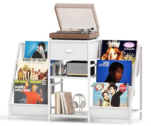 CAIYUN Vinyl Record Player Stand Storage with 3-Tier and Fabric Drawer, Turntable Table Holds Up to 280 Albums, Cabinet CD Rack for Living Room, Retro Side Table, Holder Display Shelf White