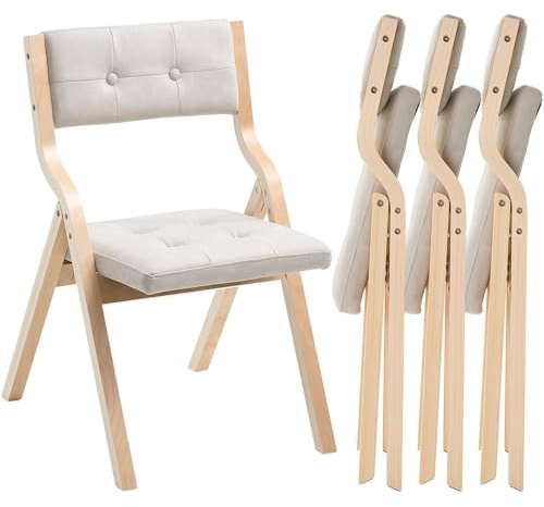 VEVOR Wooden Folding Chairs with Cushion, Set of 4, Portable Foldable Cushion Chair with Wooden Frame, Modern Padded Dining Chair for Kitchen, Office, Wedding, Party, Dining Room, Easy Assembly, Beige
