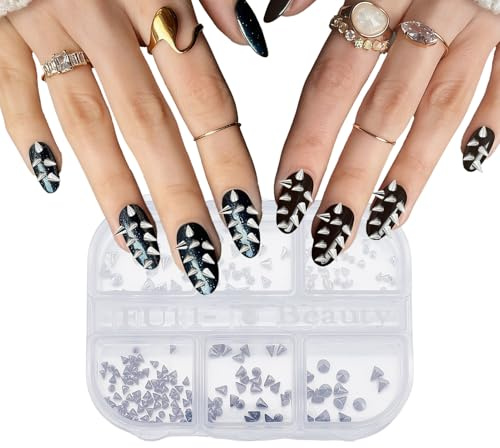 NICENEEDED 6 Grids Rivet Nail Charms, 3D Flat Bottomed Pointed Cone Nail Art Charms Black Silver Spikes Jewelry, Metal Mini Studs Charms for Women Acrylic Nails