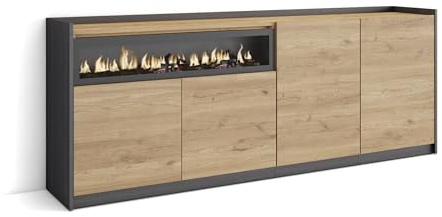 Skraut Home | Sideboard, Highboard | Kommode, Komodenschrank | 207x80x37 cm | 4 Türen | Elektrokamin. | Moderner Stil | Eiche Schwarz