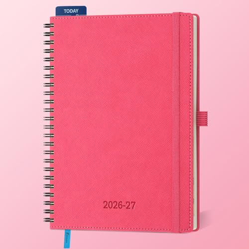 IN-LUXPRO Kalender 2026 2027 Wochenplaner,A5(21,9x 16,2cm),18-Monate Buchkalender (Jul.2026-Dez.2027) Ringbuch mit Softcover,wochenkalender mit selbstklebendem Stifthalter,Rosenrot,Querformat.