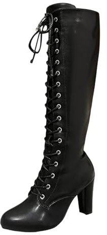 Générique Bottes Hautes Femme en Cuir véritable avec Lacets et Fermeture éclair latérale pour Un Style élégant et Confortable Froides (Black, 43)