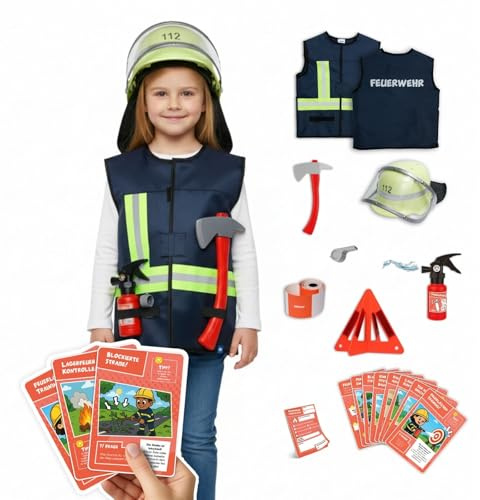 alldoro Rollenspielsets Feuerwehr/Polizei/Bauleiter, Kostüm mit Weste, Kopfbedeckung & Zubehör, inkl. Spielkarten, für Kinder ab 3 Jahren