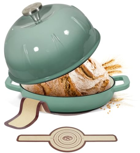 Davivy 5L/25cm Gusseisen-Brotbacktopf mit Brotschlinge, Meersalzgrün | Emaillierter Gusseisen Topf Brot Backen, Dutch Oven mit gewölbtem Deckel, ideal für Sauerteigbrot und Backen