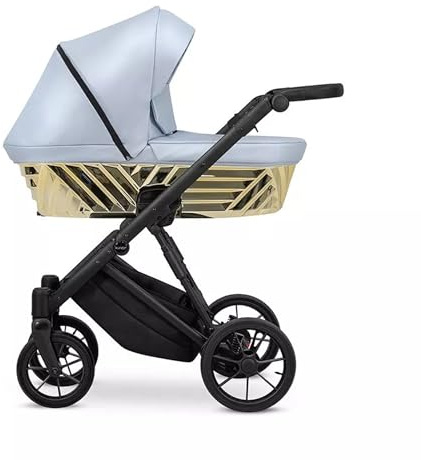 Kunert Ivento Glam 2in1 Öko-Leder Kinderwagen mit schwarzem Rahmen, Sportsitz inklusive (Metallic Blau)
