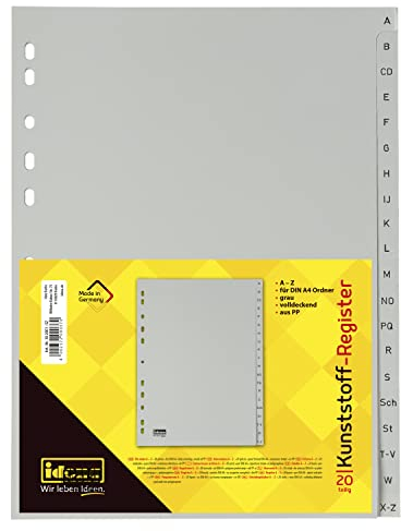 Idena 302001 - Register A - Z, für DIN A4, aus Kunststoff, 20-teilig, volldeckend, grau, 1 Stück