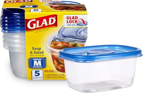 GladWare Soup & Salad Food Storage Containers, Medium Rectangle Holds 24 Ounces of Food, 5 Count Set