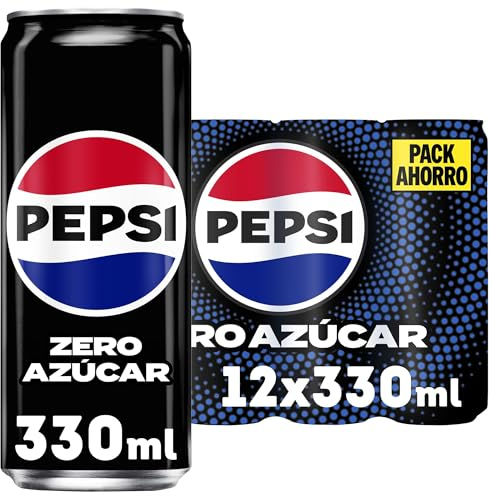 Pepsi zero Refresco de cola con cero azúcar y cero calorías, pack de 12 latas de 330 ml, 3.96 litros en total