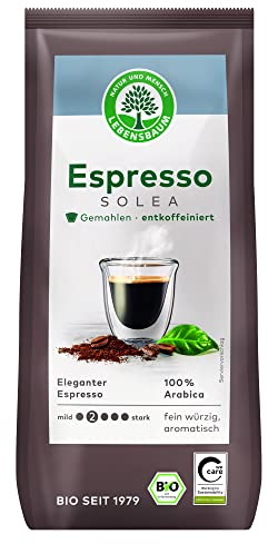 LEBENSBAUM entkoffeinierter Espresso Solea gemahlen, Bio Espressopulver aus 100% Arabica Bohnen, Intensität 2/5, sanft aromatisch, 250 g