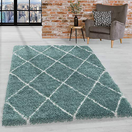 HomebyHome Runder Shaggy Teppich 80 cm - Hochflor Skandi Rauten Blau Extra Weich und Flauschig - Bettvorleger für Wohnzimmer, Schlafzimmer, Küche, Flur - Carpet, Halı, Kilim