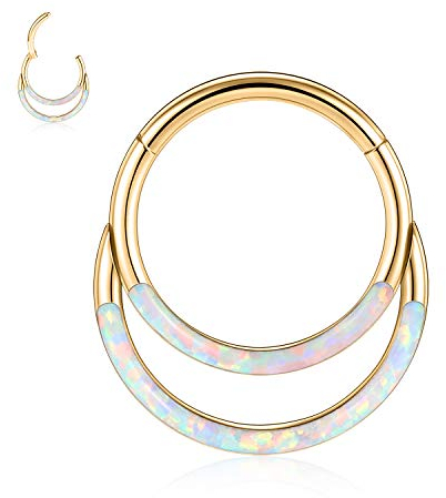 hengkaixuan 316L Chirurgischer Stahl Segment Clicker Daith Ring Septum Piercing Schmuck 16G Weißer Opal 8mm Helix Knorpel Tragus Ohrringe Creolen-Nasenring Gold Piercing Schmuck für Frauen Gilrs