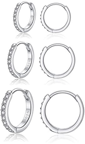 Deyanse Silber Creolen Ohrringe für Damen, 3 Paare 925 Sterling Silber Creolen Ohrringe Set mit Zirkonia, Unisex Klein Schlafen Knorpel Kreolen, Silber Creolen Ohrringe für Damen Mädchen, 10, 12, 14mm