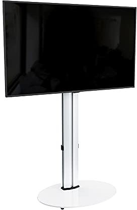 AVF Freestanding Column TV Stand - Silver Pedestal Column TV Stand With Universal VESA Bracket - For Up to 55 Screens - Swivel - White Safety Glass Shelf Base - Premium Materials