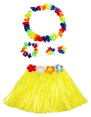 duoyif Hula Rock Hawaii, Party-Hula Mit Kranz Blumenkette, Hula Rock Für Kinder Damen Herren, Gras Party Kostüm Set, Grasröcke Für Karneval Strandpartys Cheerleading Geburtstagsparty 40Cm (Gelb)