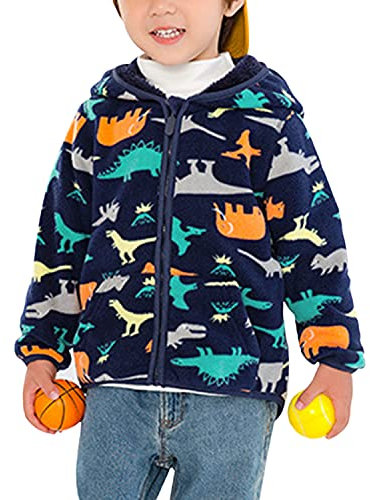 Giubbotto in Pile per Bambini e Bambine Ragazzi Ispessito Giacca in Pile con Cerniera e Cappuccio Giacca per l'autunno Inverno - Motivo Dinosauro Blu Scuro Taglia del Produttore 110