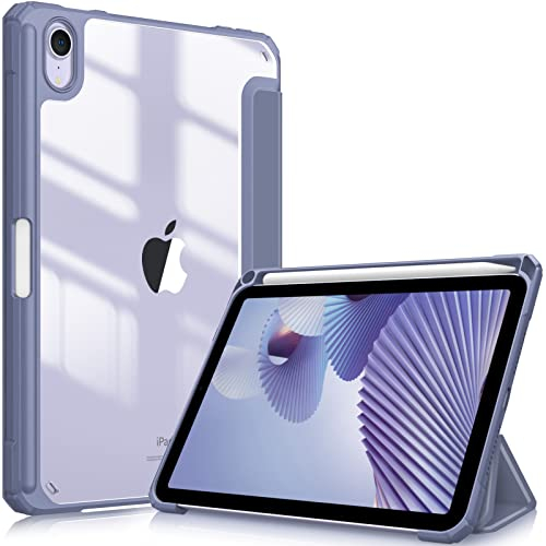 Fintie Funda Durable para iPad Mini 7 2024 / Mini 6 2021 de 8,3 Pulgadas con Portalápiz - Carcasa Trasera Transparente a Prueba de Choques Auto-Reposo/Activación, Lavanda Gris