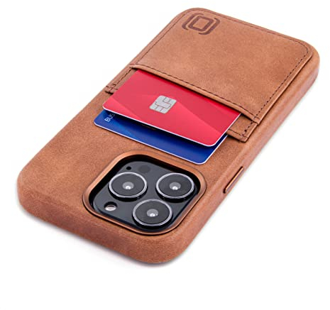 Dockem Genuine Leather Card Case for iPhone 13 Pro with Built-in Metal Plate for Magnetic Mounting, Stitched-on Wallet with 2 Credit Card Holders, 6.1 Pro M2GL [Light Brown]