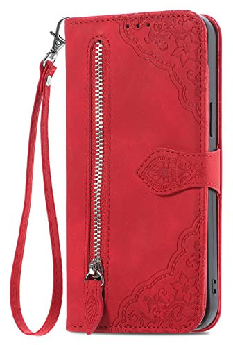 Portefeuille Housse Coque pour OPPO A9 2020/A5 2020 Étui en Cuir Flip Cover Sac à fermeture éclair porte-monnaie Housse 360 Etui a Rabat Cover étui Téléphone Voyage Carte Crédit Pochette Rouge