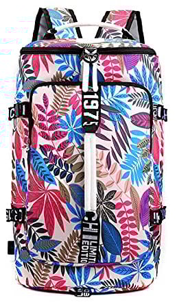 FANDARE Gym Bag for Women Sports Tote Backpack 3 in 1 Laptop Backpack Weekender Overnight Bags Men Duffle Bag Totes Handbags Workout Gym Swim Hospital Crossbody Shoulder Bag Pink Leaves